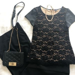 Black Lace and Nude Top faux leather sleeves